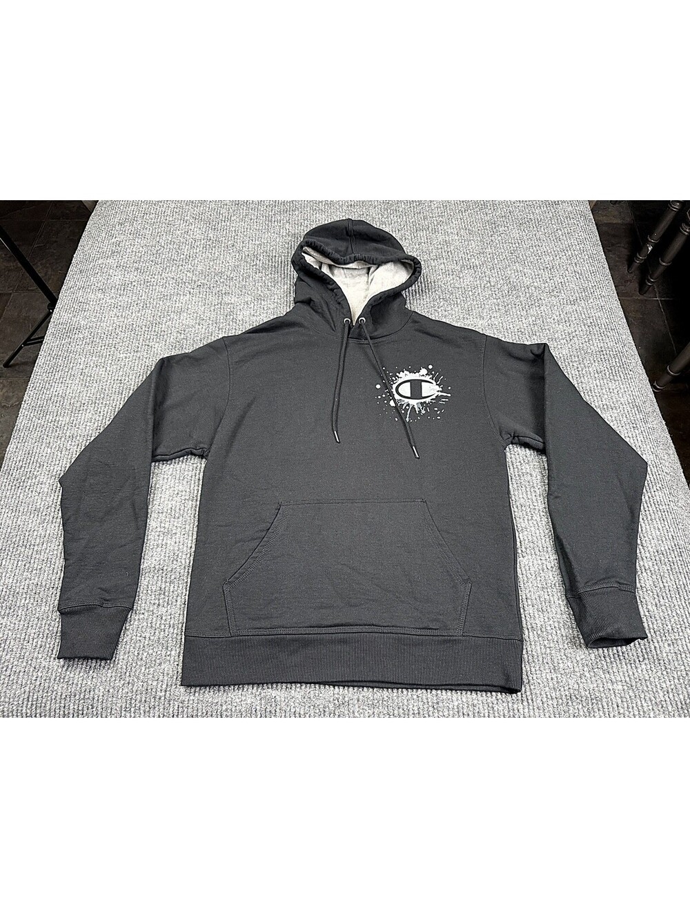 Champion Mens Black Pullover Hoodie Size M Splatter Logo Kangaroo Pocket